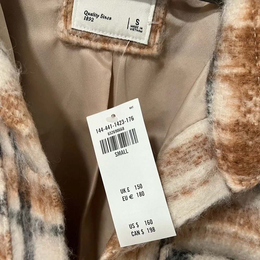 Abercrombie & Fitch Long-Length Wool-Blend Shirt Jacket (Cream Plaid) - Size S - Picture 2 of 4